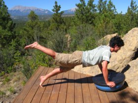 Bosu Ball, wobble side, plank position with a leg raised.