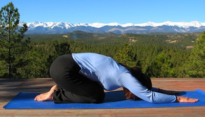 Child's Pose with Sangre de Cristo Mountains, CO