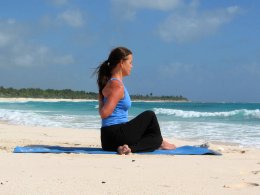 Cow Face Pose on Playa del Carmen Beach, Mexico