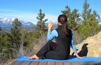 Half Spinal Twist yoga pose, Spanish Peak View, Colorad