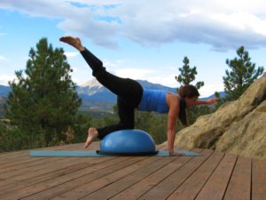Bosu balance trainer, kneeling, one arm raised and opposite leg raised.