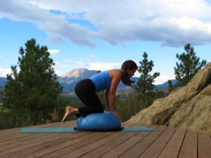 Bosu ball, kneeling with arms and legs on ball.