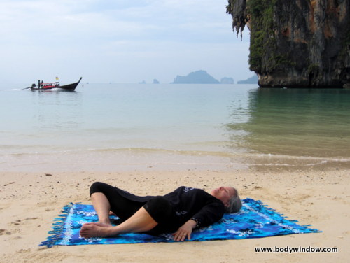 Yin Yoga Lying Butterfly Pose, Pranang Beach, Railay, Thailand