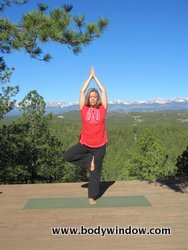 Tree Pose hands over head in prayer position